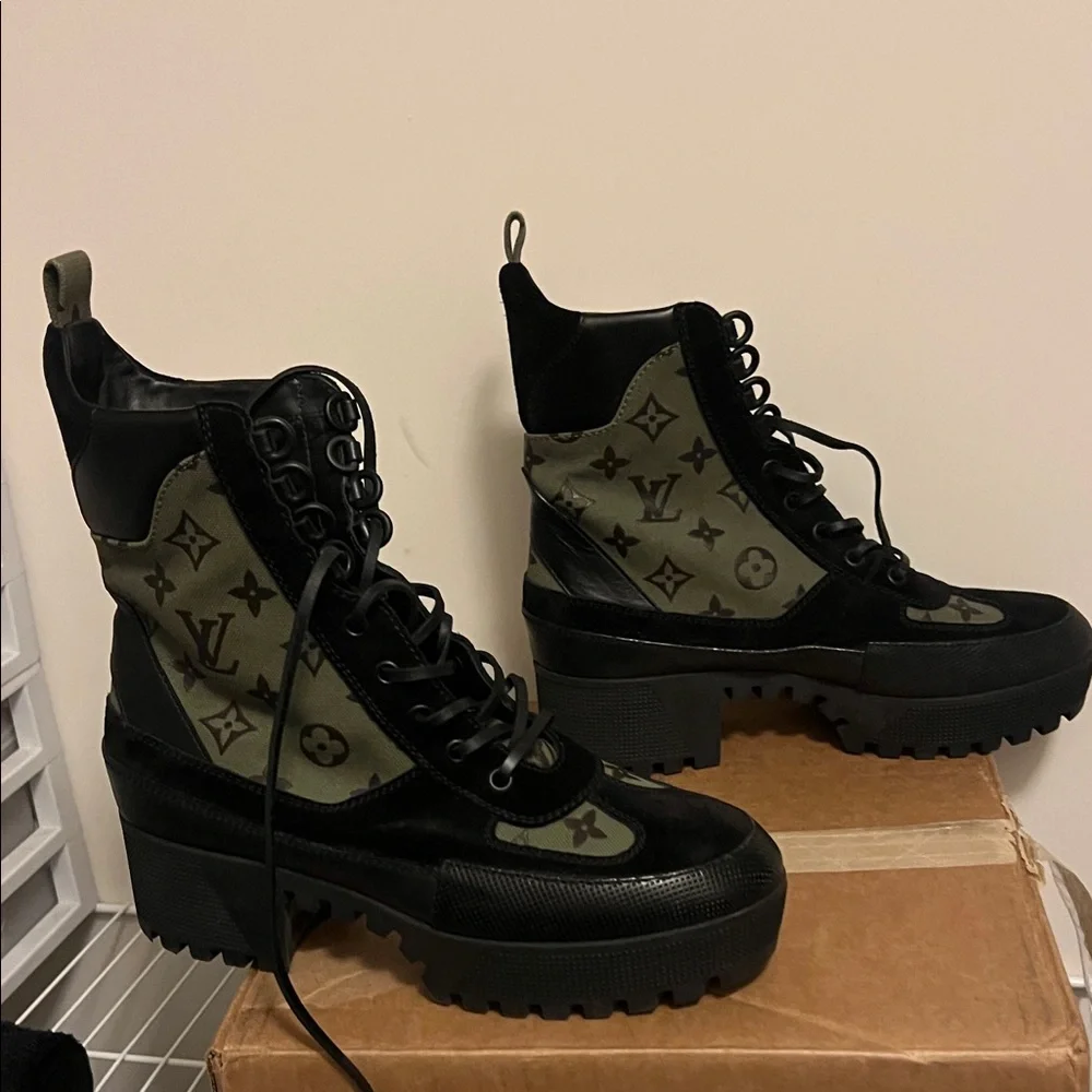 Louis Vuitton Black and Olive Combat Boots - Picture 2 of 7